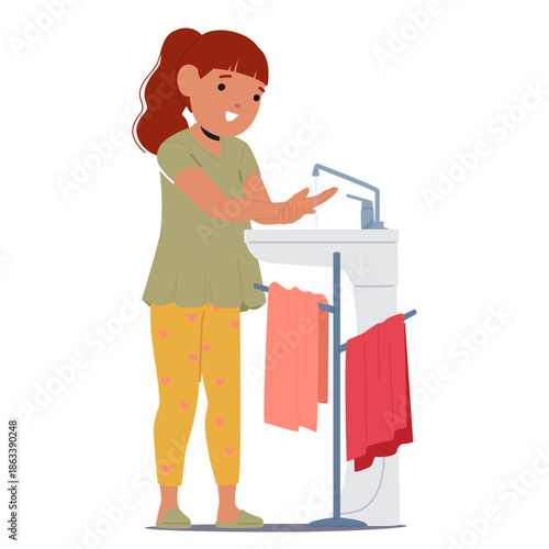Little girl child cartoon character washing hands as essential daily hygiene routine activity