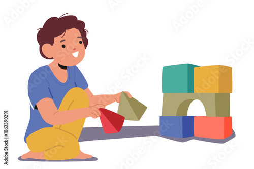 Preschool boy cartoon character engaged in constructive play with building blocks isolated on white