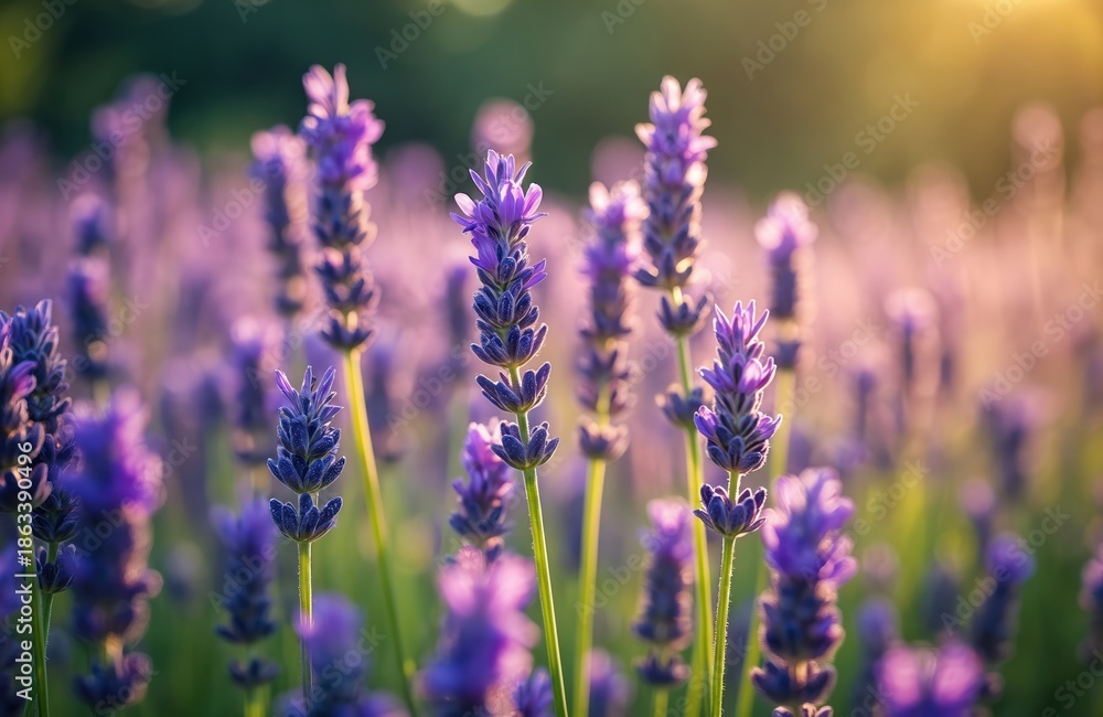 Obraz premium Purple lavender flowers bloom abundantly in a sunlit meadow. Delicate plant stalks reach skyward, creating a fragrant field perfect for aromatherapy and relaxation.