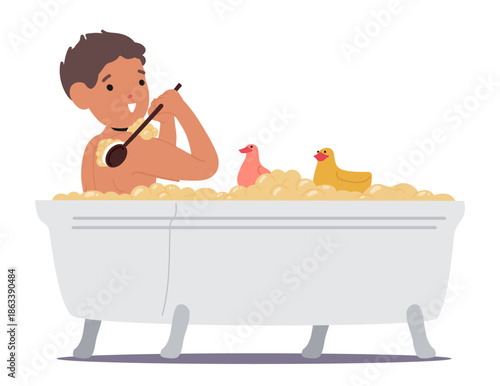 Boy child cartoon character taking bath washing body with brush and shower gel isolated on white