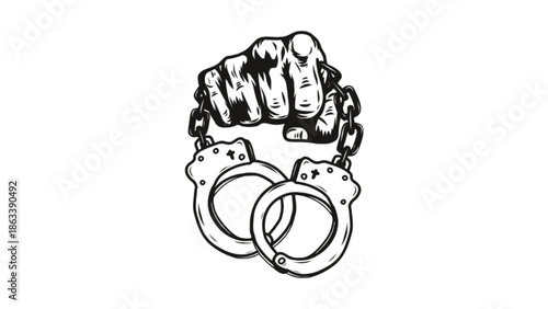 Illustration of Handcuffs with Clenched Fisted Hand Concept
