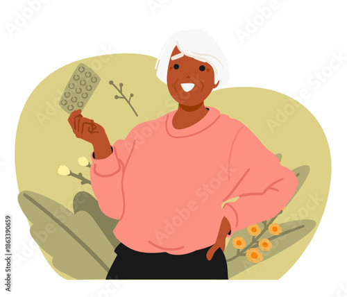 Happy smiling elderly woman holding homeopathic pills feeling confidence in alternative medicine