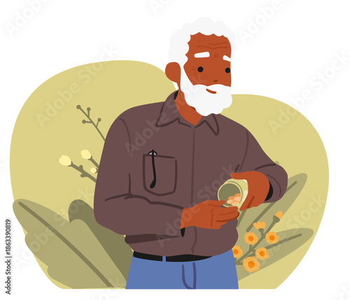 Senior man using herbal medicines and homeopathic product as part of his healthcare cartoon scene