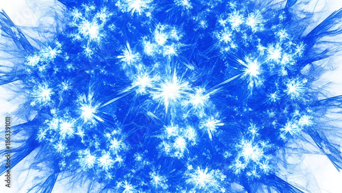 Intricate fractal pattern in dynamic blue and white hues, suggestive of winter or celestial