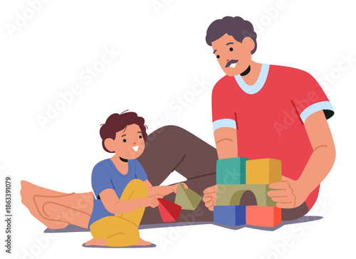 Dad adorable toddler son playing with building blocks enjoying fun activities quality time together