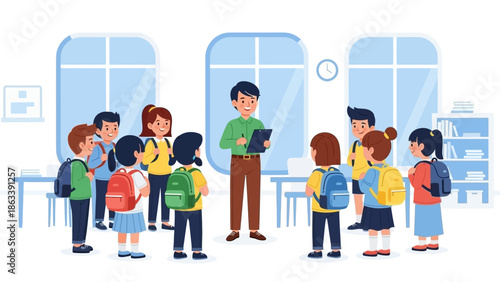 Teacher instructing a group of students in a classroom environment with educational materials