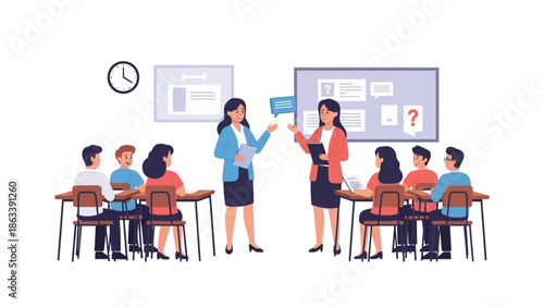 Two teachers engaging with students in a classroom discussion with presentation boards and clock in the background