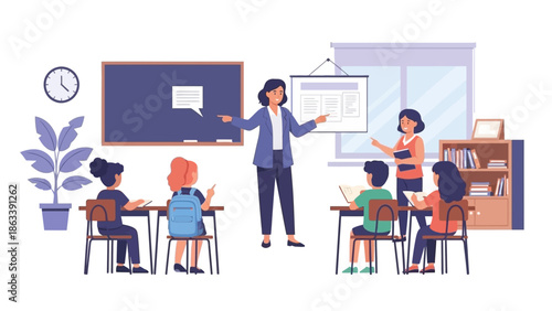 Teacher explaining lesson to students in a classroom setting with visual aids and interactive discussion