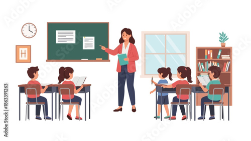 Teacher instructing students in a classroom setting with illustrations on the board
