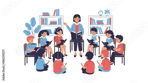 Teacher instructing students in a classroom with books and laptops