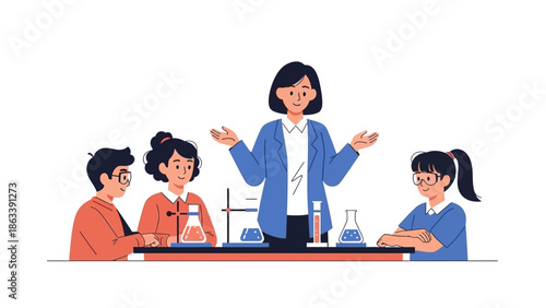 Female teacher explaining science experiment to students in laboratory setting