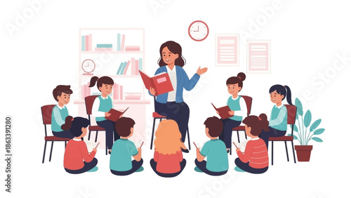 Teacher reading a book to a group of children in a classroom setting, fostering a love for learning