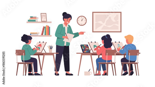 Art class illustration of children learning to paint and draw under the guidance of a teacher