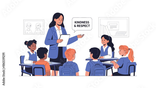 Teacher Guiding Students on Kindness and Respect in a Diverse Classroom Setting – Fostering Positive Social Values and Empathy Through Engaging Education