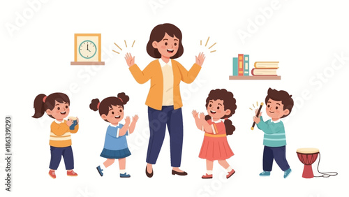 Teacher instructing children in a lively classroom setting with educational materials around