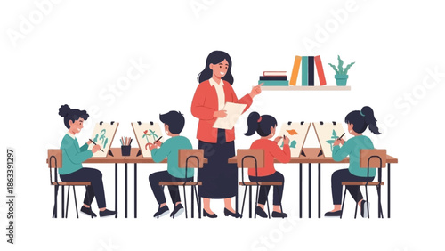 An elementary school teacher guides young students during an engaging art class, fostering creativity and artistic expression in a vibrant learning environment