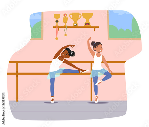 Professional ballet training for young girls in structured dance school environment cartoon scene