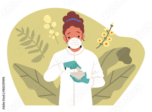 Female researcher preparing ground herbal material in lab for homeopathic supplement manufacturing