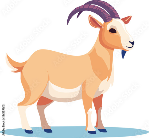 A cartoon goat stands on a light blue oval against a white background