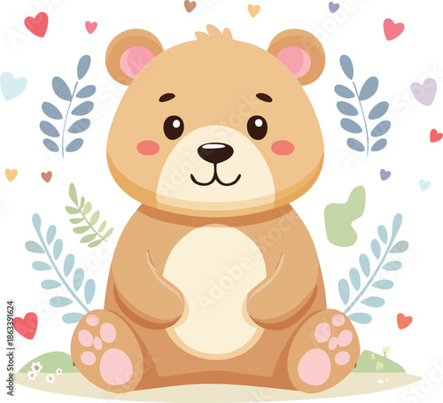 A cute cartoon bear sitting surrounded by leaves and hearts in a playful environment