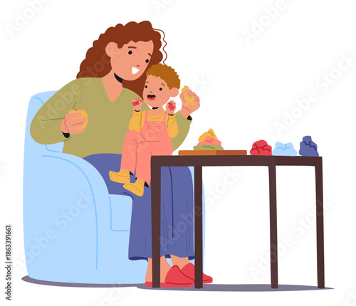 Mother and little son innocent kid engaged in plasticine creative fun isolated on white background