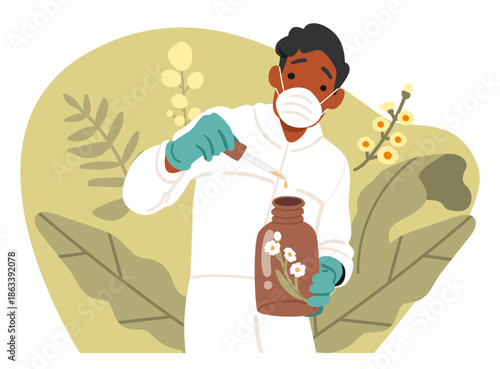 Man scientist adding essential oils to bottle with natural liquid homeopathic supplements scene