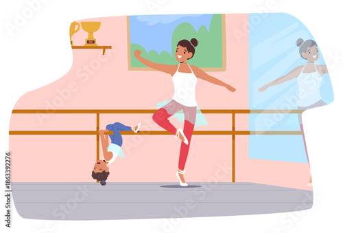 Little girl playing around during dance lesson at ballet studio while teacher explaining moves