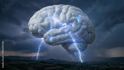 Giant Cloud Brain Striking Lightning over Rural Landscape 3D Render