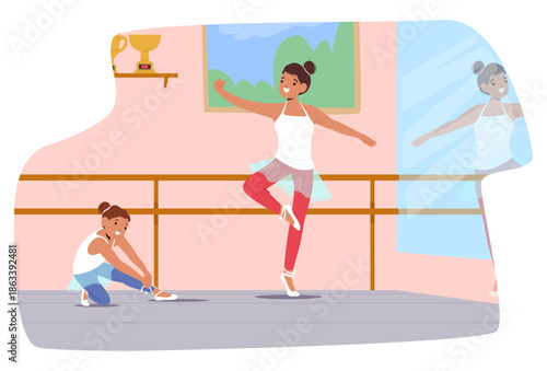 Girl dancer tying laces on shoes, preparing for dance lesson at ballet school with teacher nearby