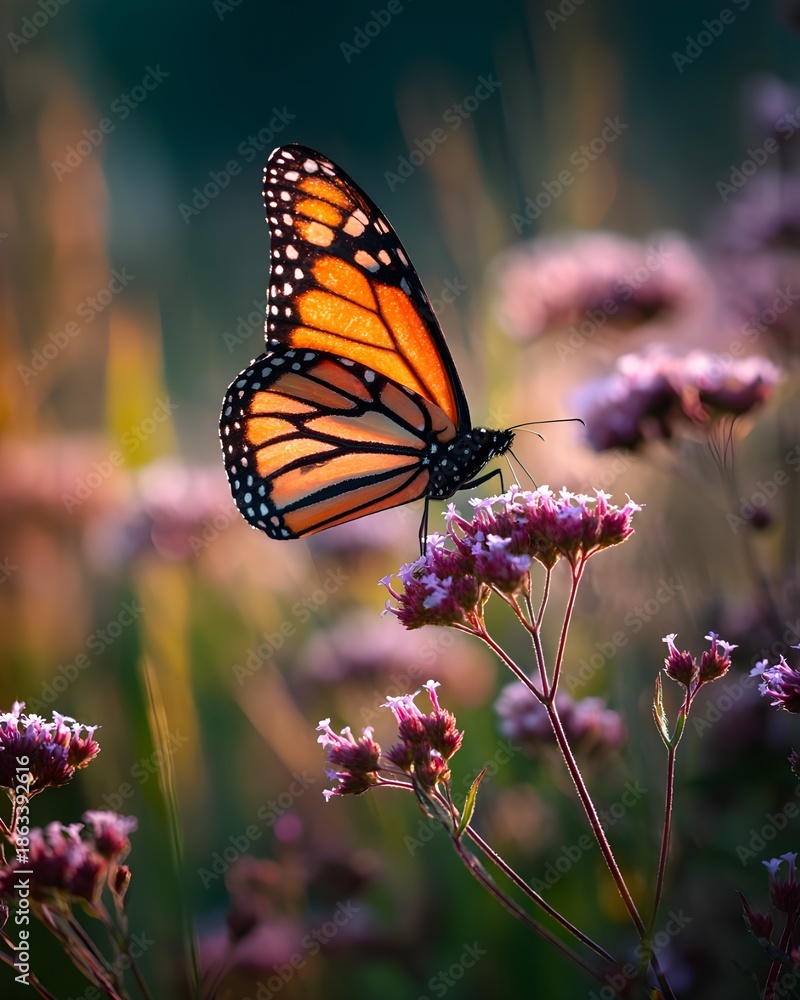 Naklejka premium Monarch butterfly perched on blooming wildflower in sunny meadow showcasing springtime nature wildlife beauty photography