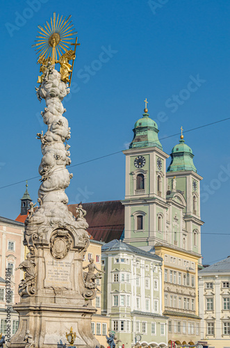 Baroque Trinity Column in the old town of Linz, Austria