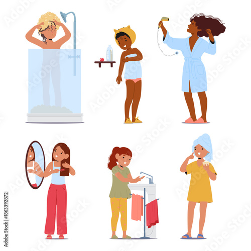 Little pretty children cartoon girls characters daily hygiene routine essential self-care procedure