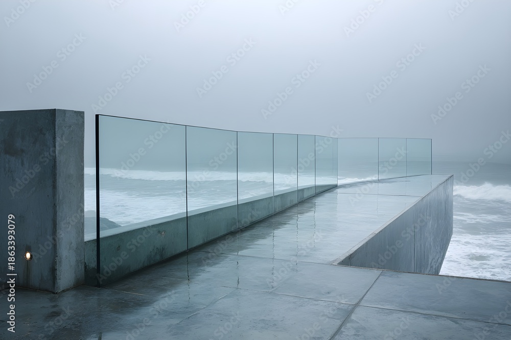 Obraz premium Minimalist Glass Balustrade On Concrete Oceanfront Platform Clean Modern Architecture Design Aesthetic Luxury Space Serenity