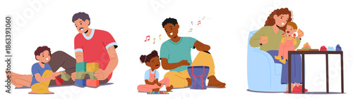 Happy parents and preschool kids playing together enjoying educational entertainment with fun