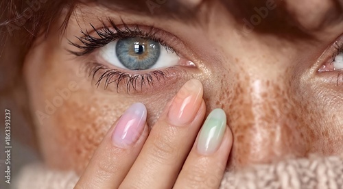 Close up of woman eye with freckles and pastel gummy nails for beauty ads