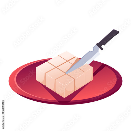 A vector illustration of sliced ketupat traditional Indonesian rice cake on a red plate being cut with a knife, commonly served during Eid al-Fitr or Lebaran festivities in Southeast Asia.