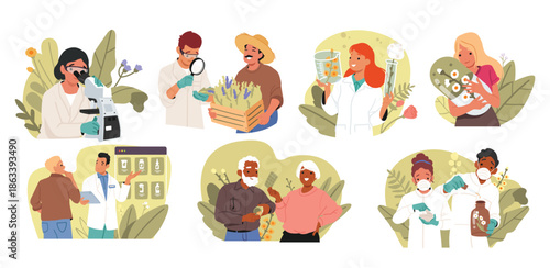 Natural remedies, holistic healing and alternative medicine business isolated cartoon scenes set