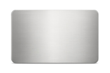 Brushed aluminum metal plate with rounded corners, silver metallic surface for industrial design and branding element, transparent background