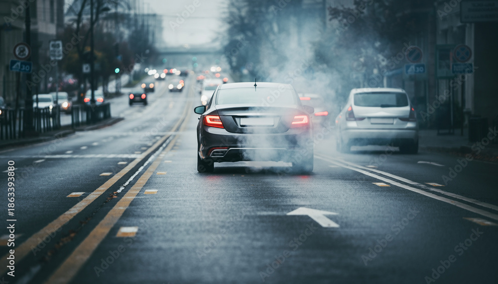 Fototapeta premium Urban Car Exhaust Emission On City Street Transport Concept