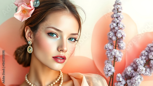 An intelligently generated image of a beautiful young woman on a floral background