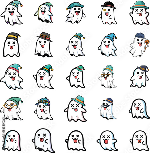 Collection of Cute Cartoon Ghosts with Various Hats and Expressions