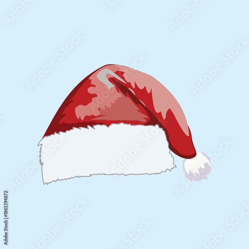 A classic red Santa Claus hat with a white fluffy brim and pom pom on a light blue background. Detailed illustration perfect for Christmas holiday themes and festive winter designs.