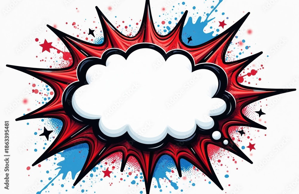 Fototapeta premium Explosion comic bubble template with empty space for text. Retro design with red blue splatter and star elements. Blank speech balloon for creative design.