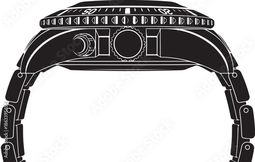 Dive Watch Side Profile Vector Illustration Black and White Isolated on White Background