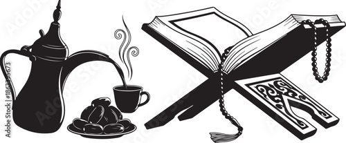 Quran Holy Book on Rehal Stand with Arabic Coffee Pot, Dates, and Prayer Beads and Black and White Illustration