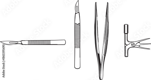 Surgical Instruments Scalpels Forceps Clamp Line Art Illustration Isolated on White Background