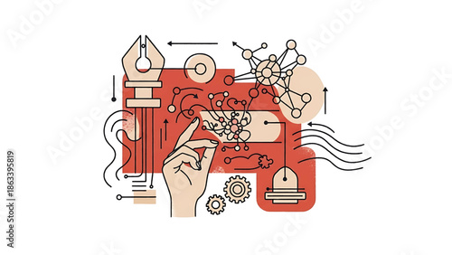 Creative Process Illustrated through Hand Drawn Elements and Mechanical Parts