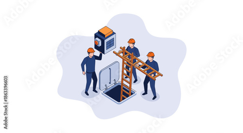 Construction workers assemble a structure teamwork and engineering concept.