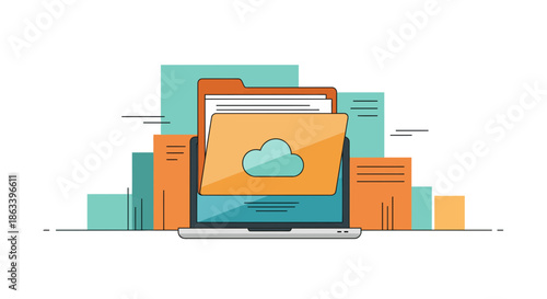 Cloud storage concept with laptop and file folders for data management.