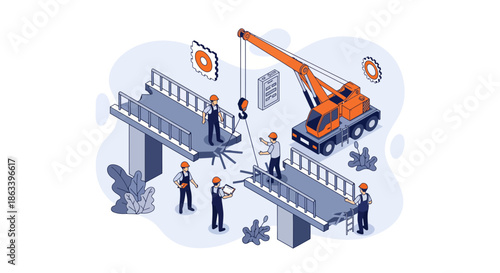 Construction site with crane and workers building a bridge structure.